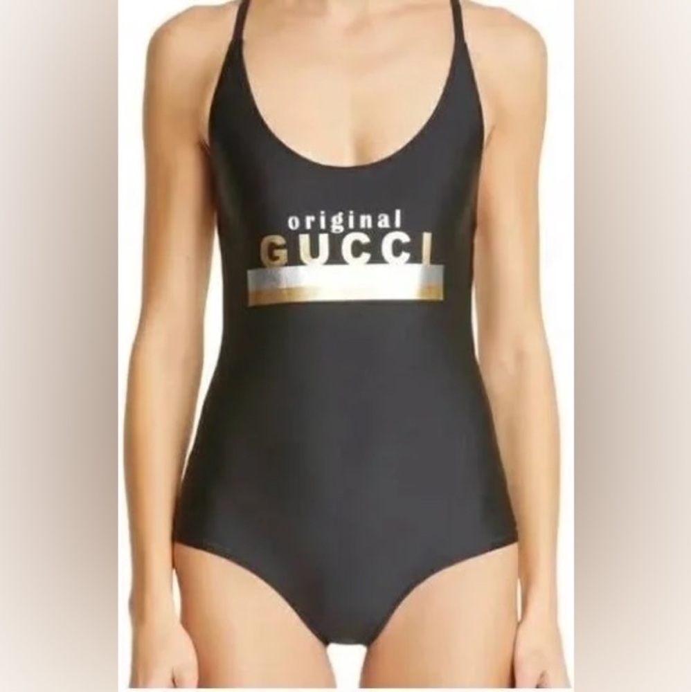 New Gucci Original Black With Golden And White Logo One Piece Swim Bikini